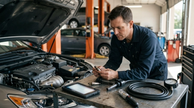 Technician comparing possible cylinder 5 misfire causes before estimating P0305 repair cost.