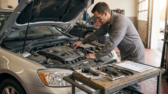 Technician repairing a confirmed P0305 cylinder 5 fault in a professional automotive shop.