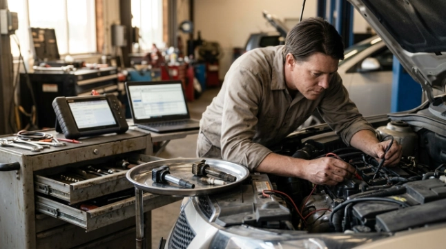 Technician rechecking cylinder 5 after P0305 returns despite an earlier ignition repair