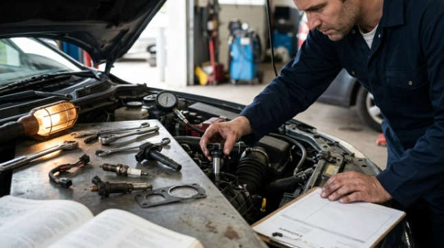 Mechanic repairing a P0306 misfire with spark plug, coil, injector, wiring, and intake components nearby.