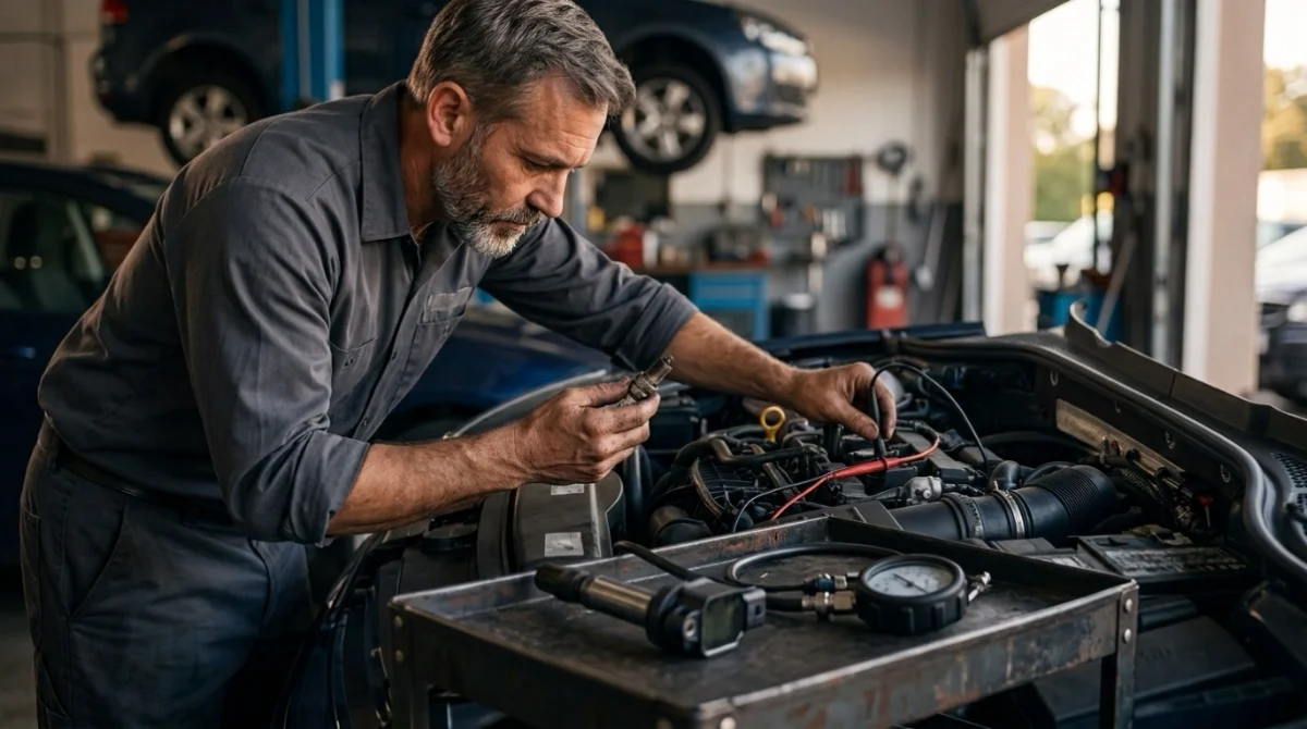 Technician inspecting spark plug, ignition coil, injector and compression causes of P0303