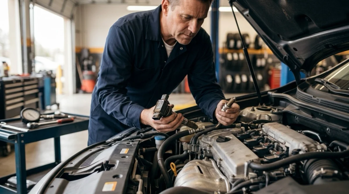 Technician inspecting ignition and engine components while diagnosing common P0306 causes