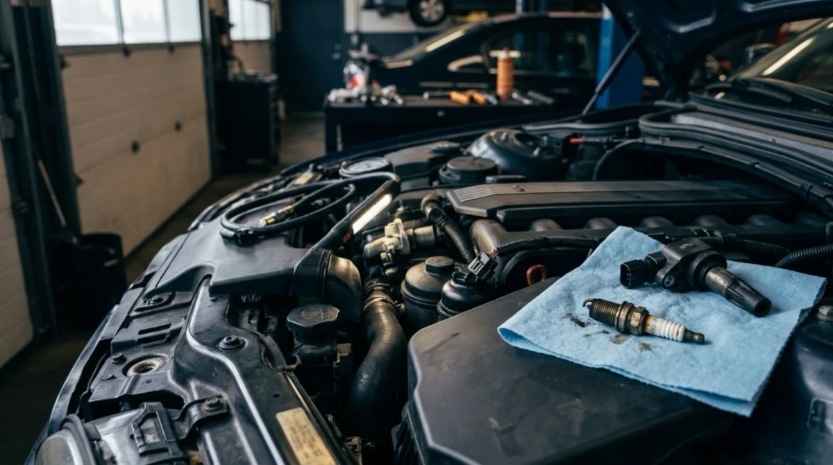 Spark plug, ignition coil, injector wiring, intake system, and compression gauge during P0306 diagnosis