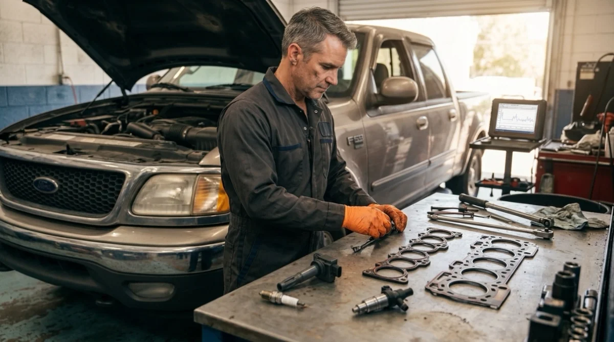 Mechanic comparing spark plug, coil, injector, intake gasket, and head-gasket P0306 repair possibilities.