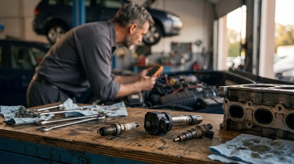 Spark plug, ignition coil, injector and engine parts representing different P0303 repair costs