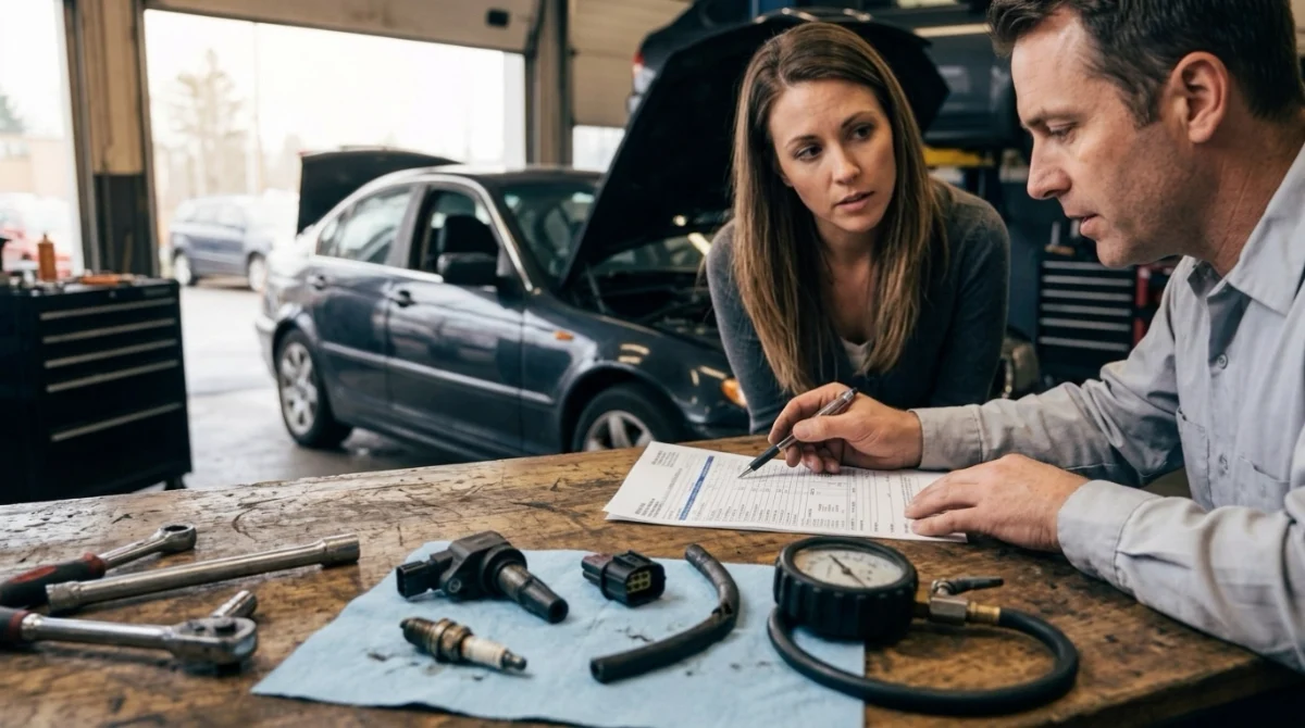 Technician reviewing a P0306 repair estimate beside spark, coil, injector, hose, and compression-test tools
