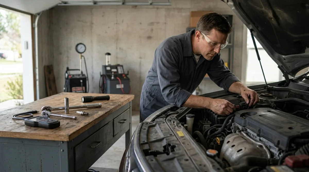 DIYer checking wiring, hoses, and an accessible spark plug while diagnosing a P0306 misfire.