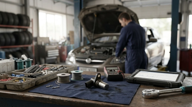 Crankshaft sensor, diagnostic tools, and workshop scene illustrating factors affecting P0335 repair cost.