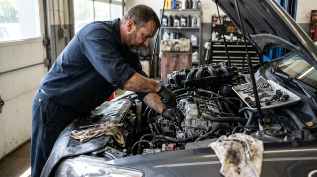 Mechanic accessing a hard-to-reach knock sensor during a labor-intensive P0325 repair.