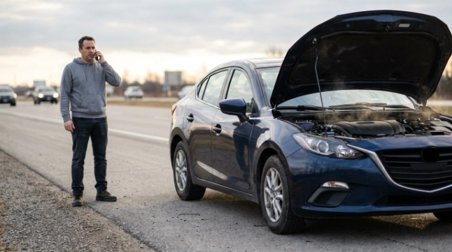 Driver safely pulled over after serious engine symptoms while arranging professional help.