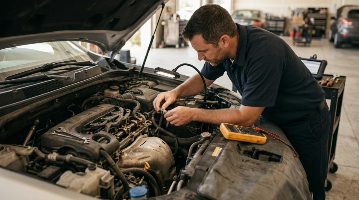 Technician inspecting common P0340 causes around a camshaft sensor, connector, wiring and timing area