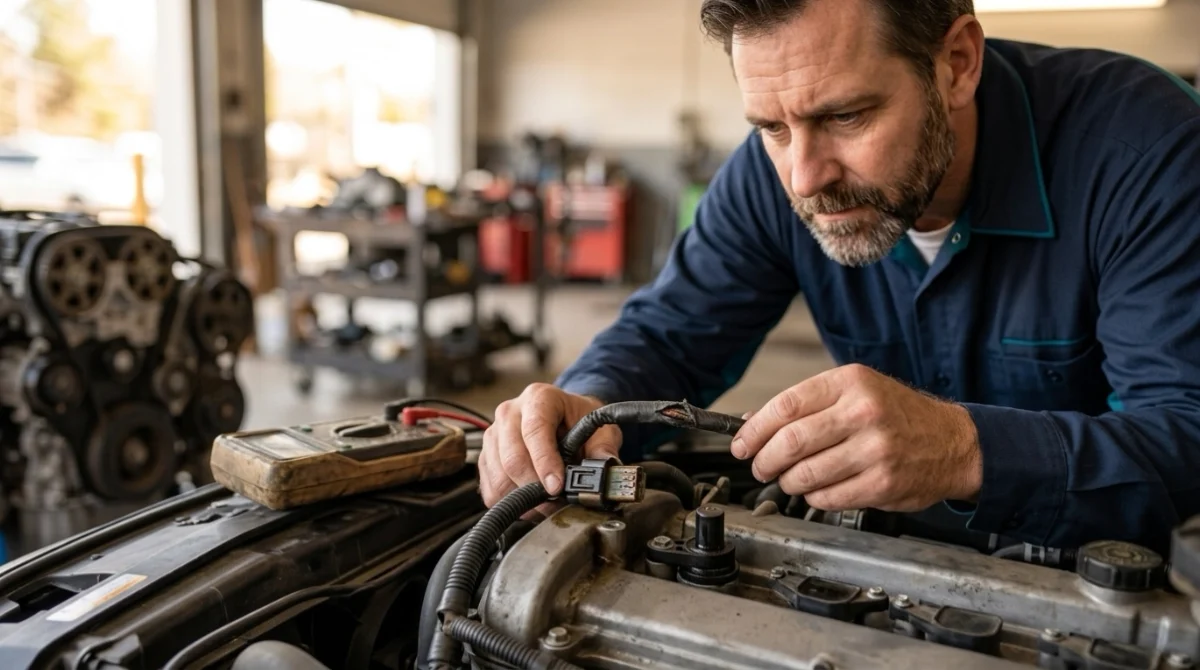 Technician inspecting cam sensor connector and wiring while diagnosing how to fix P0340