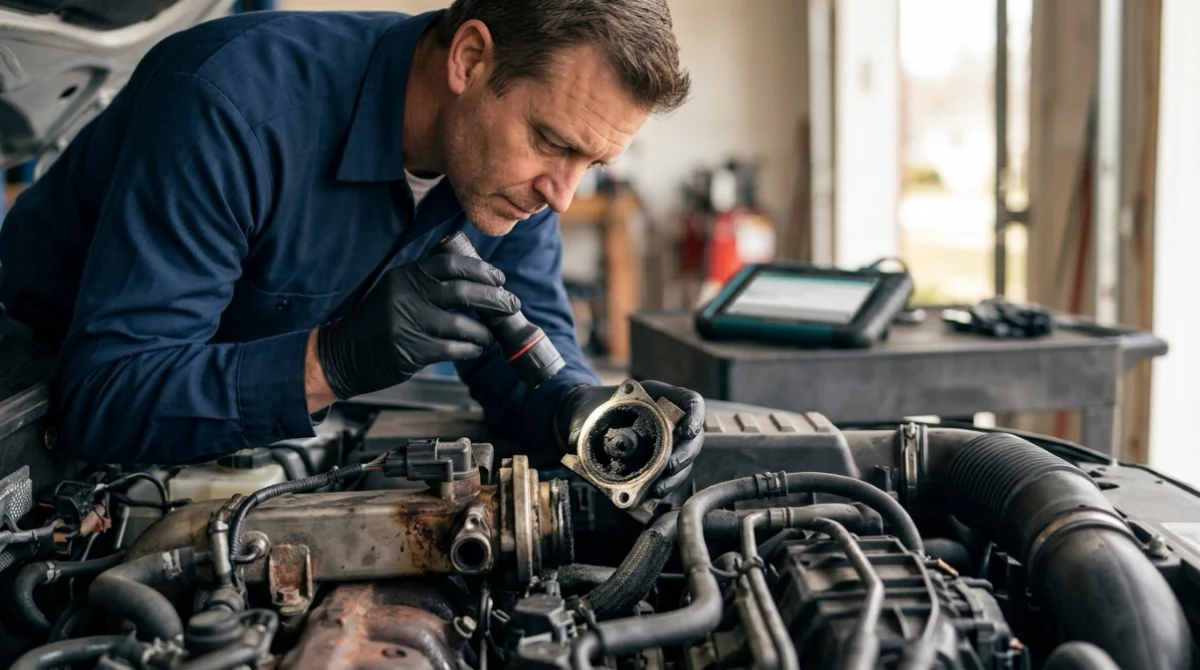 Carbon buildup, EGR valve, hoses and sensors being inspected during P0401 diagnosis
