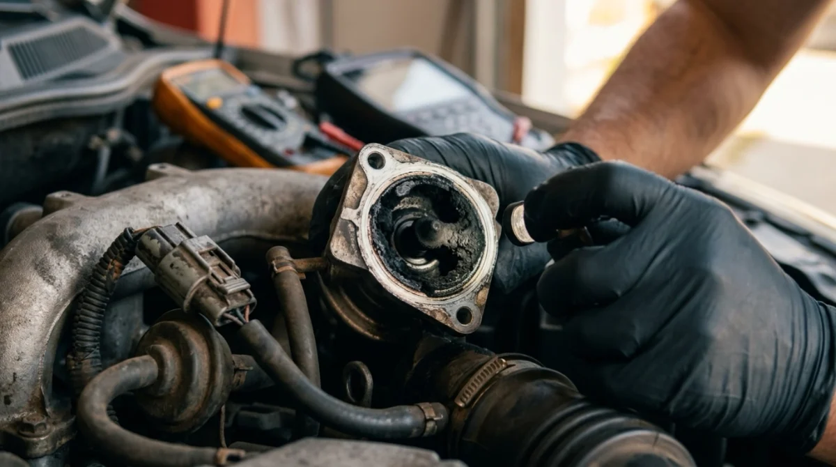 Carbon-contaminated EGR valve and wiring inspection showing common causes of what does P0402 mean