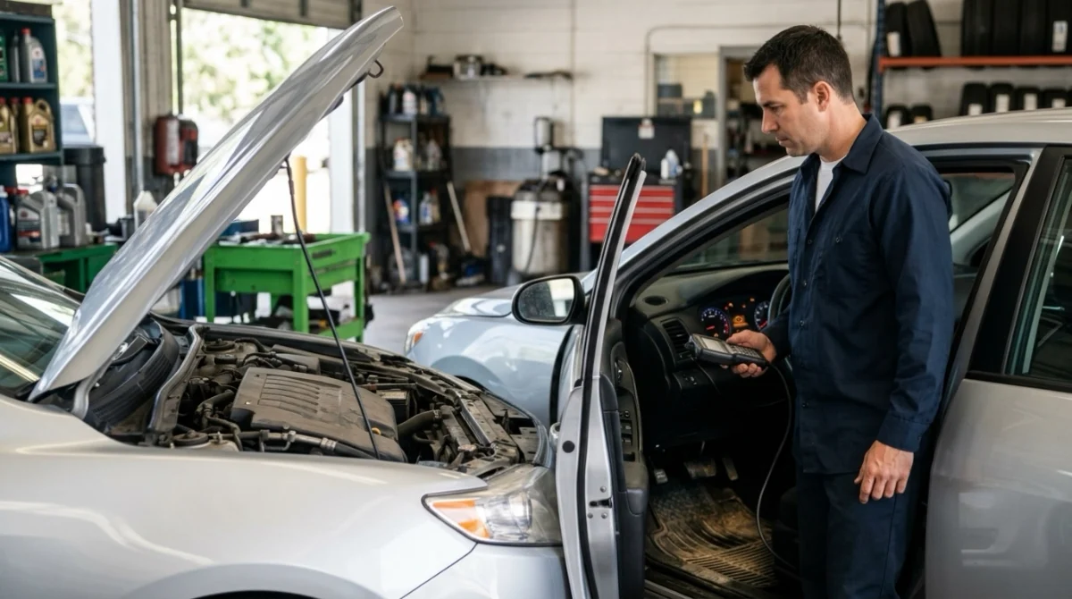 Car showing common P0402 symptoms while a technician evaluates rough idle and warning-light behavior