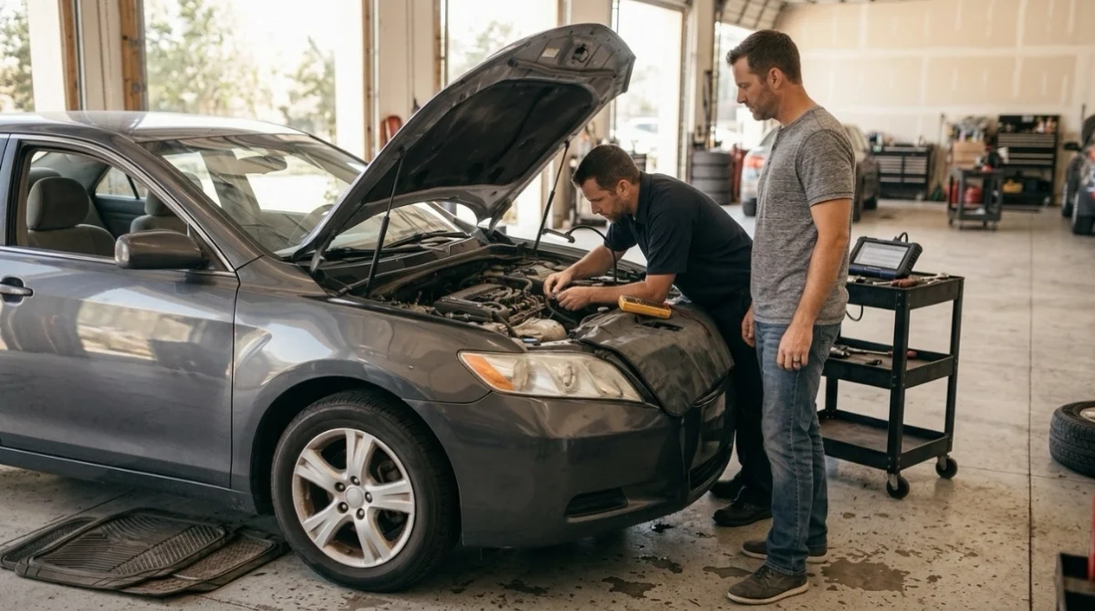 Technician diagnosing P0340 causes on a parked car after stalling or power-loss symptoms