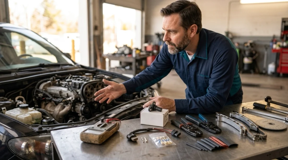 P0340 repair options showing sensor, connector, wiring tools, and timing inspection equipment