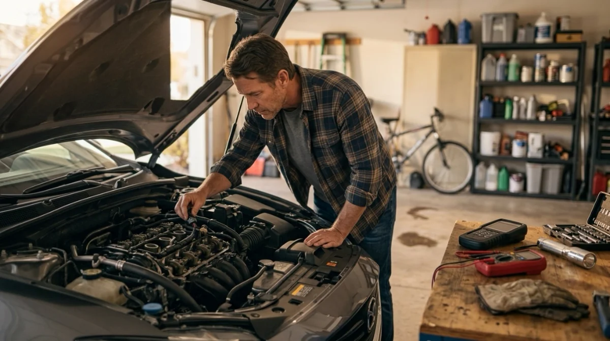 DIY owner inspecting a camshaft sensor connector and scanning P0340 in a home garage.