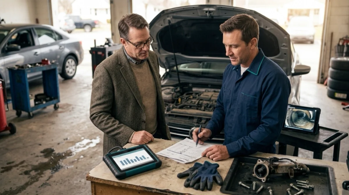 Vehicle owner reviewing a P0401 EGR repair estimate with an automotive technician