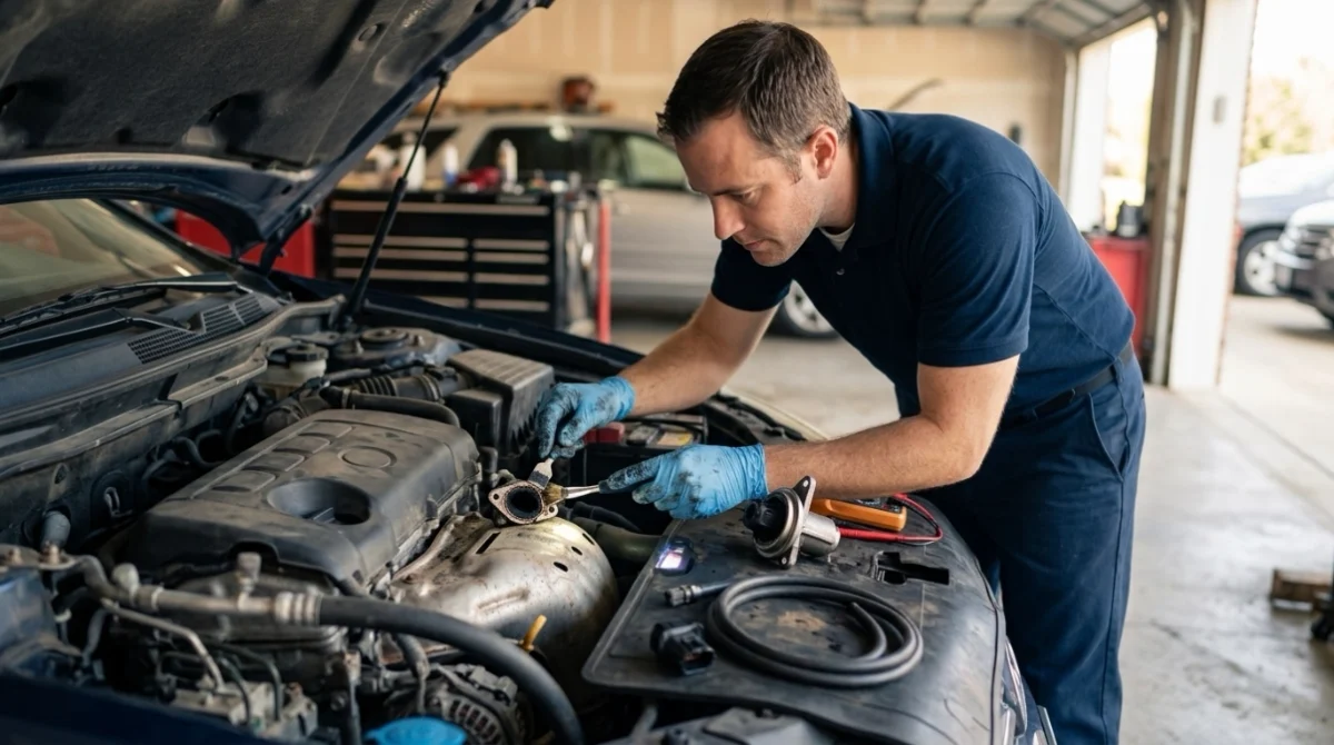 Technician cleaning a carbon-restricted EGR passage after diagnosing P0401 symptoms.