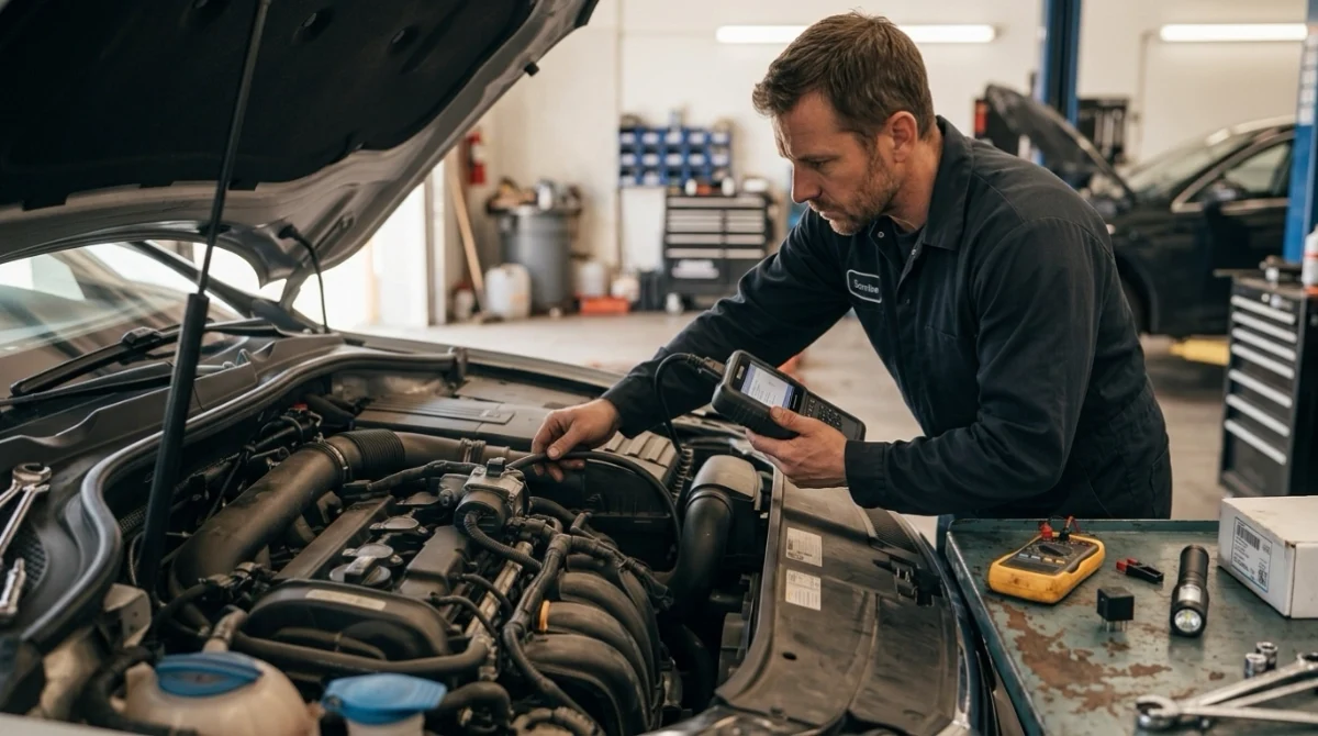 Technician diagnosing P0411 using an OBD2 scanner, multimeter, hoses, pump, and secondary air valve