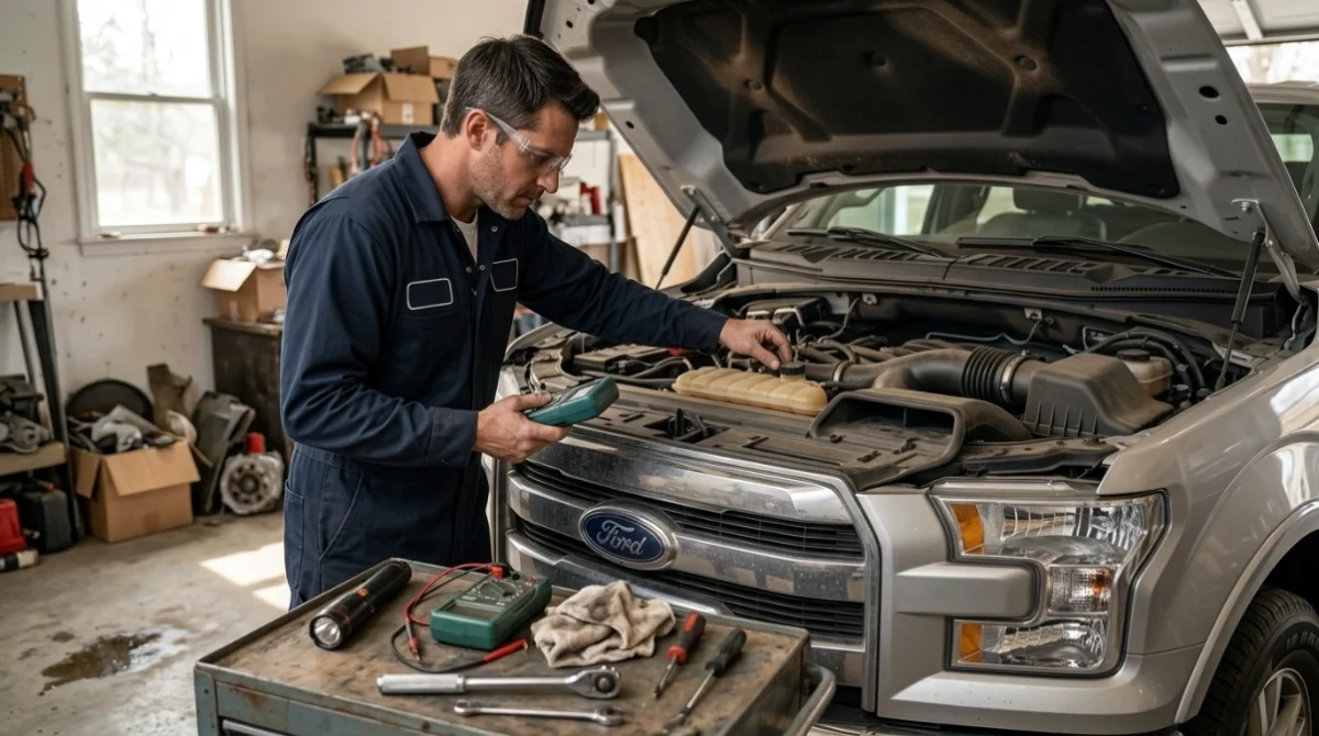 DIY owner checking P0402 with OBD2 scanner while inspecting EGR hoses and connectors.