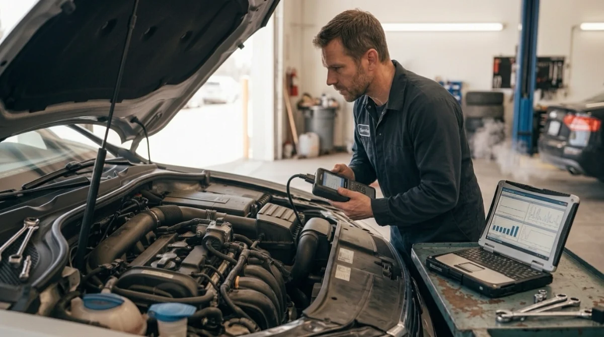 Technician verifying a P0411 repair with cold-start pump operation, live data, and an OBD2 rescan