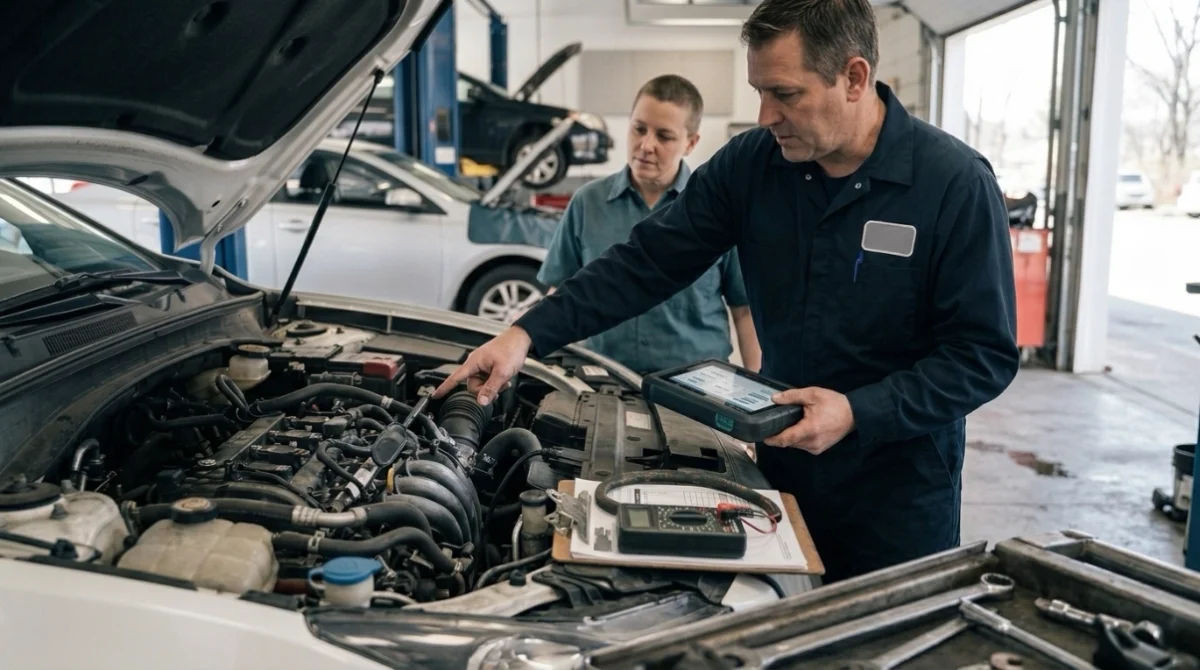 Mechanic explaining a confirmed secondary air injection fault before the owner approves P0411 repair
