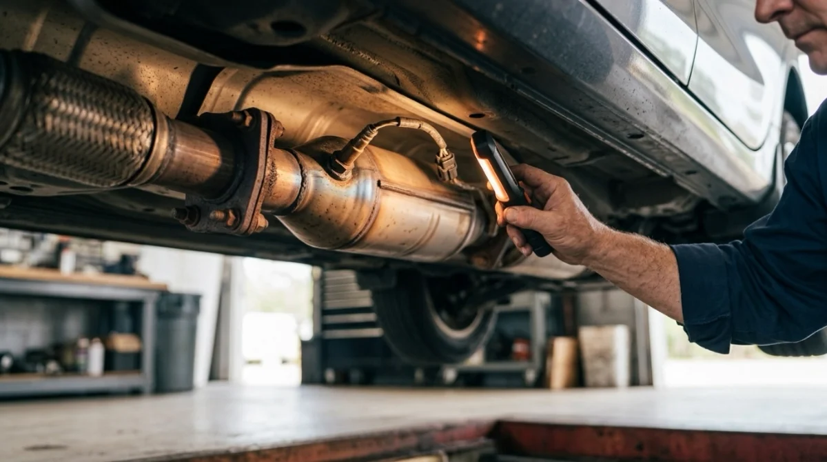 Mechanic inspecting catalytic converter, O2 sensors, exhaust leaks, and wiring for common P0420 causes.