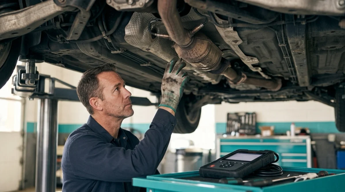 What does P0430 mean with technician inspecting Bank 2 catalytic converter and sensors