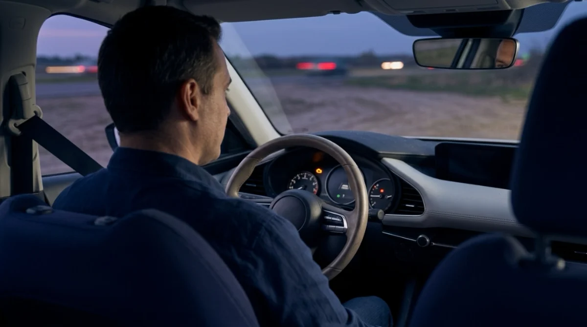 Driver safely parked after a P0420 warning while checking an illuminated check-engine indicator.
