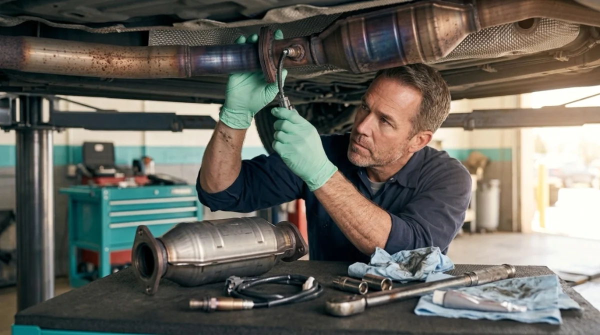 P0430 repair scene with technician inspecting Bank 2 converter, sensor, and exhaust wiring