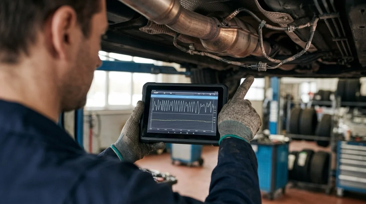 Technician comparing P0430 causes using O2 sensor data beside the Bank 2 catalytic converter.