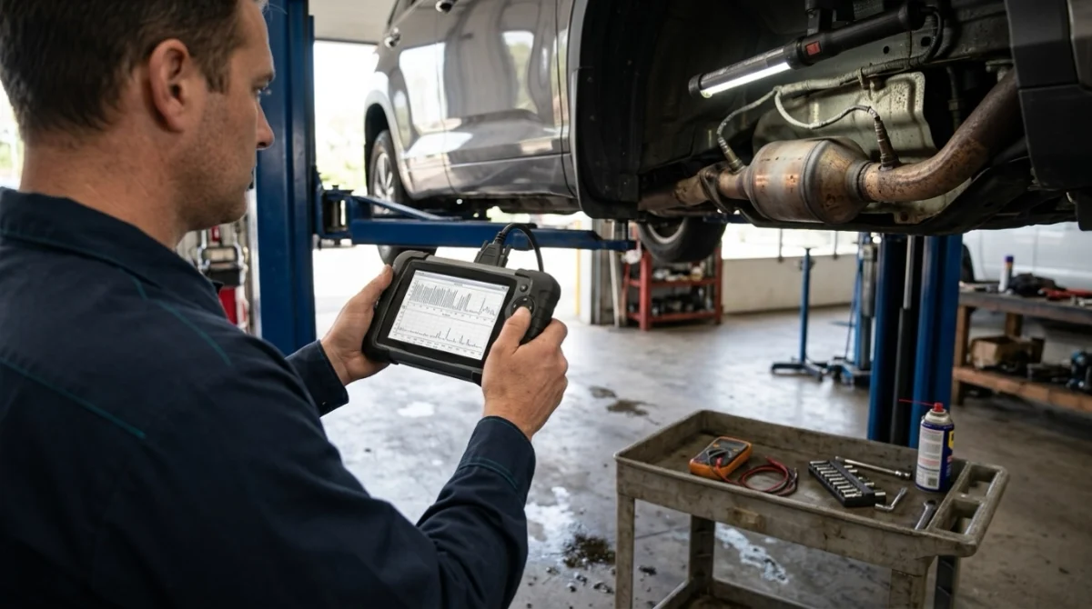 Technician using OBD2 live data and exhaust inspection to diagnose P0430 correctly.