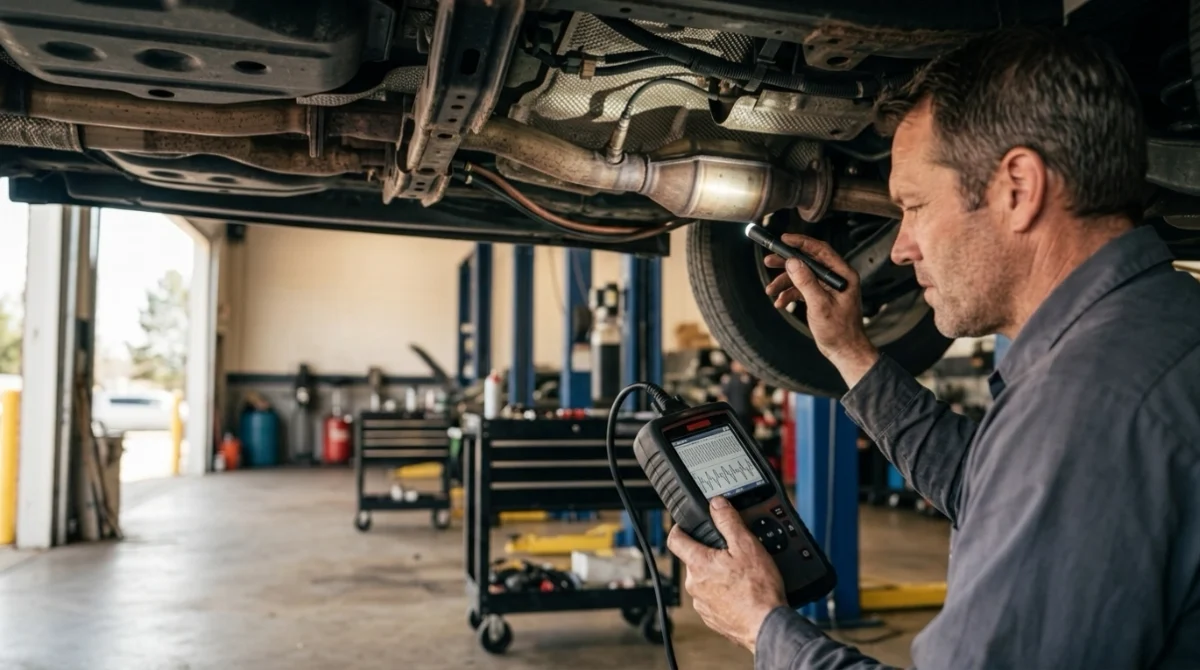 Mechanic diagnosing P0430 with live data and Bank 2 exhaust inspection