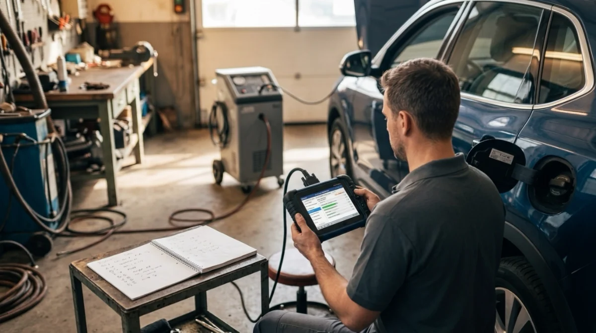 Technician diagnosing P0440 with OBD2 scanner, fuel cap inspection and EVAP smoke testing