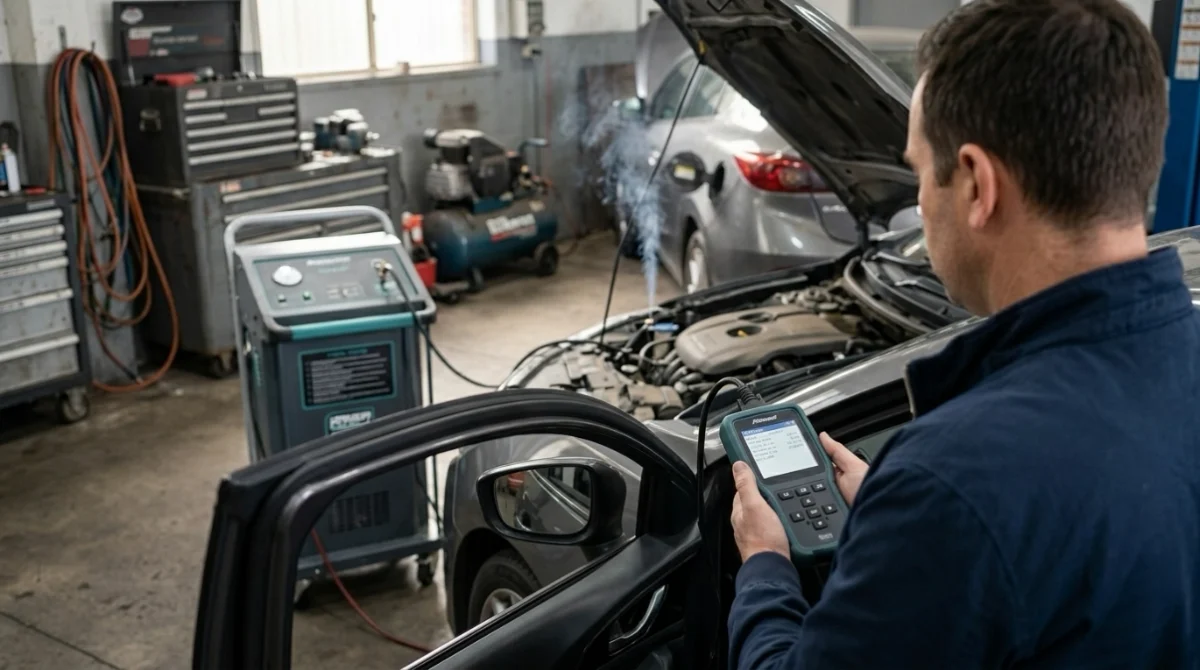 Technician diagnosing P0440 with an OBD2 scanner and professional EVAP smoke test