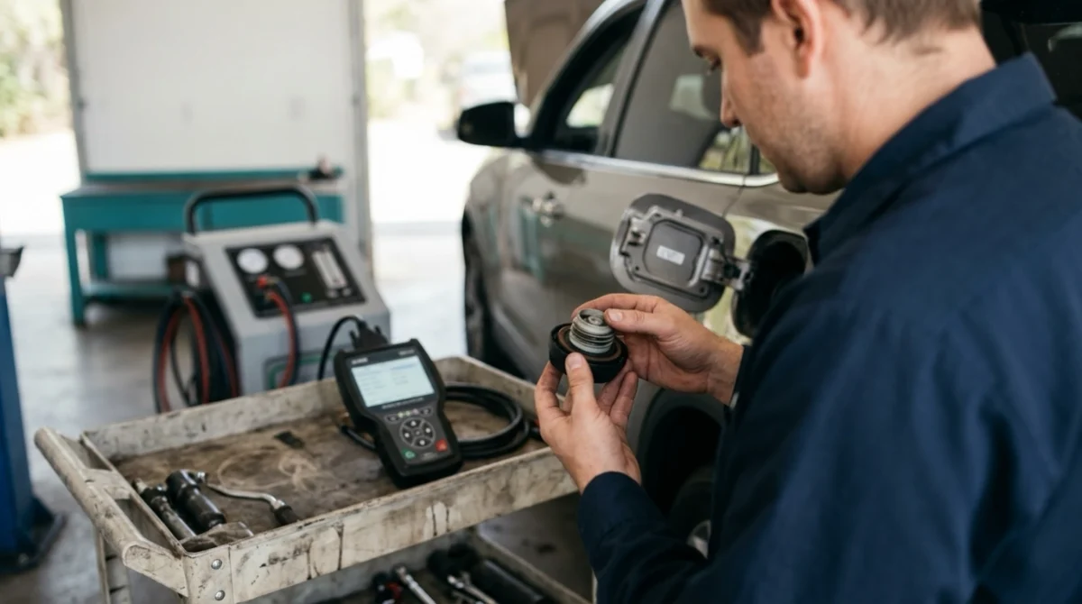 Technician checking a fuel cap first while OBD2 and smoke-test tools wait nearby for P0440 diagnosis