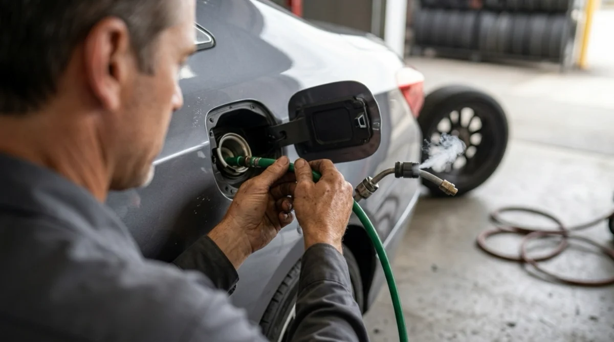 Technician diagnosing P0440 with OBD2 scanner and professional EVAP smoke test