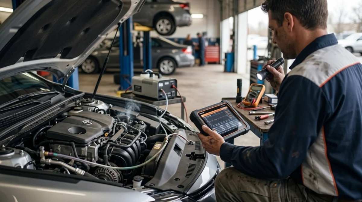 Technician diagnosing P0441 with an OBD2 scanner, EVAP smoke machine and electrical test tools.
