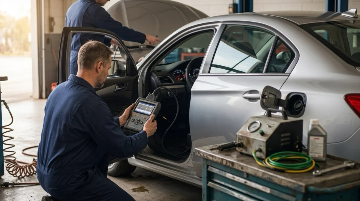 Technician using an OBD2 scanner to diagnose P0441 symptoms and inspect the EVAP system.