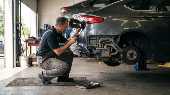 Technician inspecting fuel cap and EVAP lines while diagnosing what does P0455 mean.