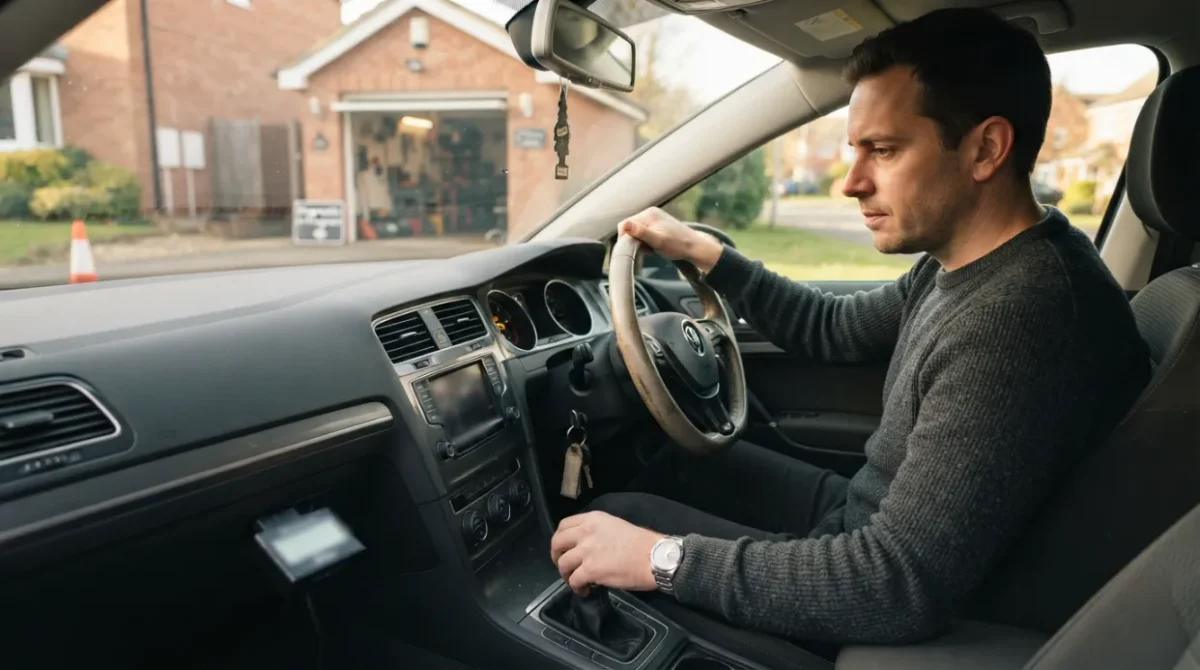 Driver noticing common P0606 symptoms including a check-engine light and rough engine operation.