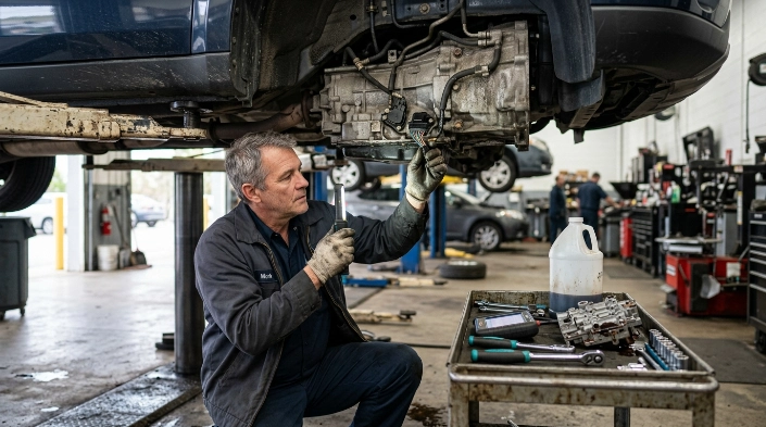 Mechanic showing a sensor and connector before approving a P0720 repair cost estimate
