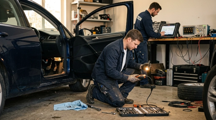 DIY owner scanning P0715 while a mechanic uses advanced tools for deeper transmission diagnosis.

