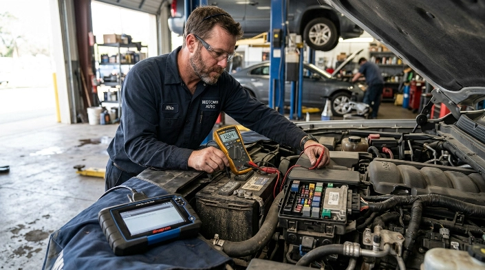 Technician testing battery voltage and wiring while diagnosing common P0606 causes.
