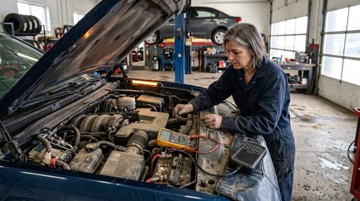 Technician checking battery, PCM wiring, and electrical circuits while diagnosing common P0606 causes.