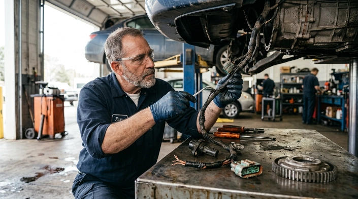 Technician inspecting common P0720 causes including speed sensor wiring and a corroded connector.