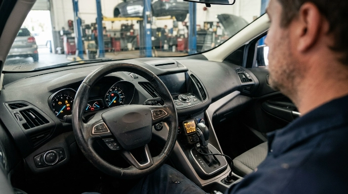 Dashboard and transmission controls illustrating common P0720 symptoms in an automatic vehicle.