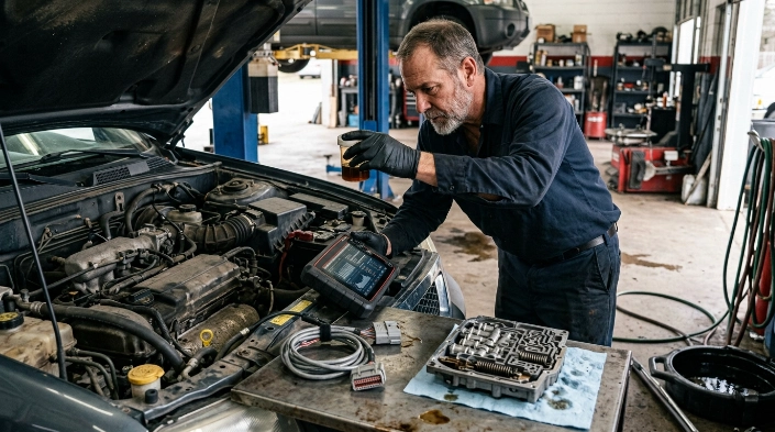 Technician inspecting fluid, solenoids, wiring, and transmission parts while diagnosing P0730 causes